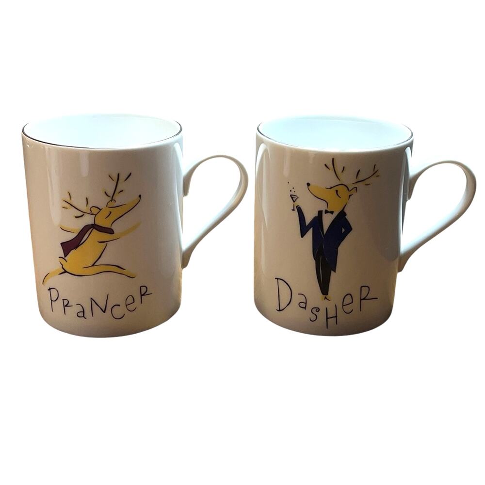 PRANCER and DASHER Pottery Barn REINDEER Christmas Coffee Mugs Cup Set Of 2